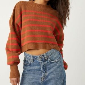Free People Easy Street Crop Pullover Sweater Brown Red Striped Combo